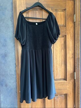Black Smocked Bodice Midi Dress with Puff Sleeves